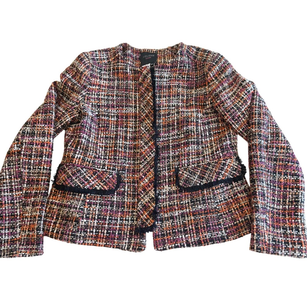 Helene London Blazer Tweed Multi Color Boucle Fringed Zip Jacket XL Workwear‎